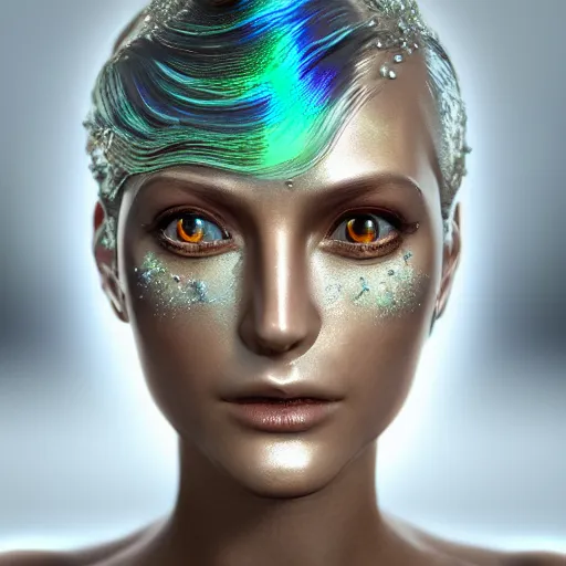 Prompt: beautiful pragmatic face, crystal, platinum, copper, verdigris, biomechanoid with incredible iridescent pearlescent fiberoptic hair, crystalline masterpiece implants, hyperdetailed face, elegant pose, movie still, intricate, octane render, cinematic forest lighting, unreal engine, dieselpunk background setting, crepuscular rays, god rays.