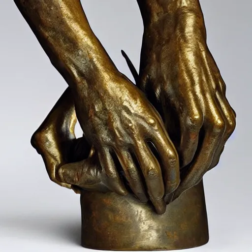 Prompt: a giant cluttered pile of oversized hands standalone bronze sculpture