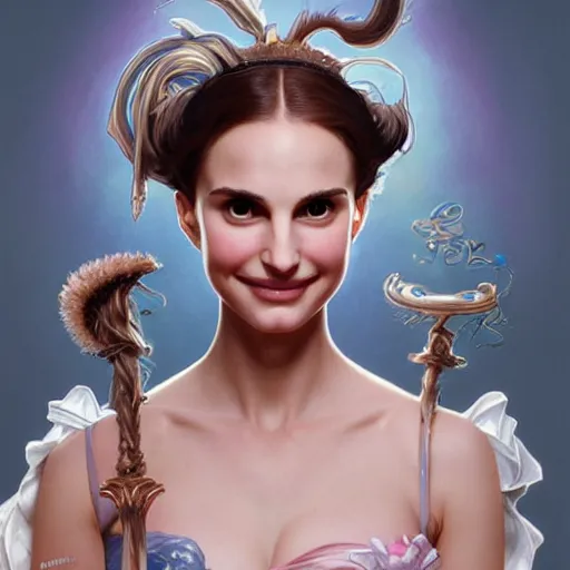 Image similar to smiling cheshire cat, portrait of a young natalie portman, intricate, elegant, highly detailed, digital painting, artstation, concept art, smooth, sharp focus, illustration, art by artgerm and greg rutkowski and alphonse mucha and william - adolphe bouguereau