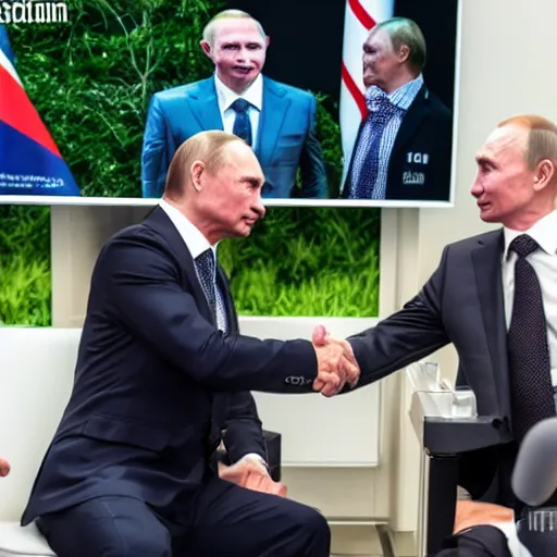 Prompt: telephoto candid cropped photo of billy herrington shakes hands with vladimir putin, press conference, zeiss 1 5 0 mm, sharp focus, natural lighting, ultra realistic, high definition 4 k photo, press photos, g 7 summit