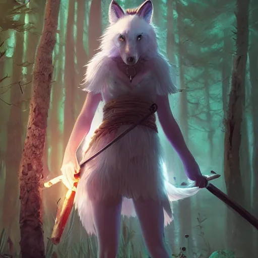 Prompt: Princess Mononoke holding a spear, standing next to Moro the white wolf, in a bioluminescent forest at night, close up portrait by loish and WLOP, octane render, dark fantasy, trending on ArtStation