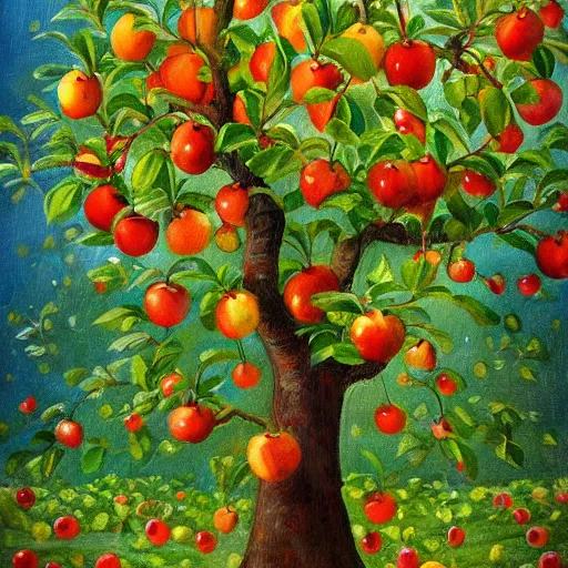 Prompt: a beautiful painting of an apple tree full of apples,artstation,highly detailed