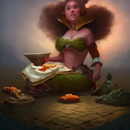 Prompt: Little Miss is sitting on her Tuffet eating a bowl of curds and whey, summer, 8k resolution matte fantasy painting, cinematic lighting, DeviantArt, Artstation, Jason Felix Steve Argyle Tyler Jacobson Peter Mohrbacher