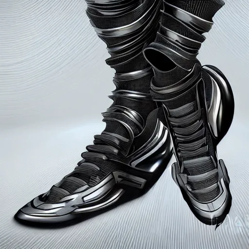 Image similar to futuristic balenciaga and vetements sneakers in giger style on gradient background, ultra rendered extreme realism and detail, 8 k, highly detailed, realistic, completely framed, pbr, hyper realistic, photorealistic, sharp focus,