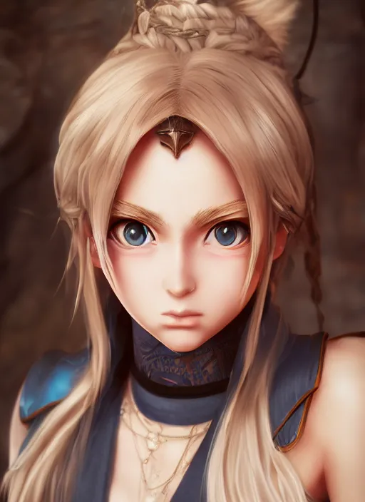 Prompt: An epic fantasy anime style portrait painting of a young blonde thief, unreal 5, DAZ, hyperrealistic, octane render, cosplay, RPG portrait, dynamic lighting