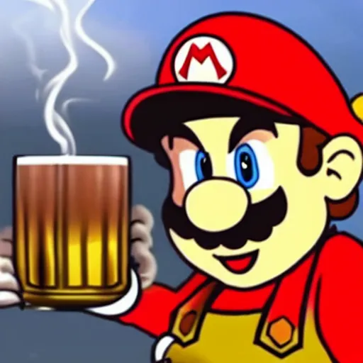 Image similar to super mario drinking bourbon and smoking a joint, realistic, defined