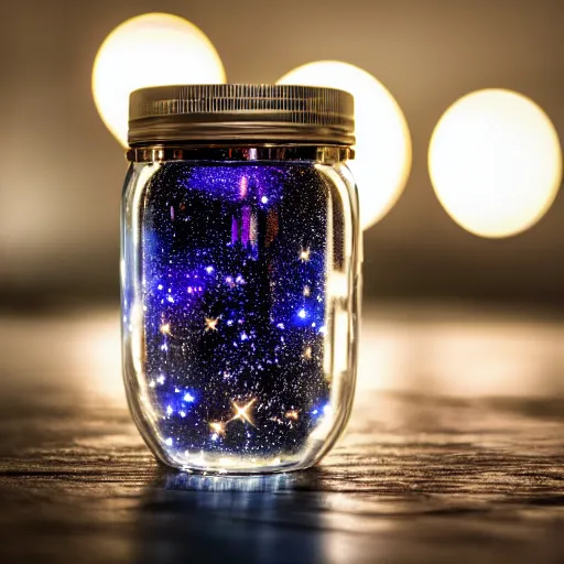Image similar to a galaxy inside a jar. on a white table. single light source. studio photography. raytracing. closeup. 4K. 14mm lens. iso 180. f/2.8. W-1024