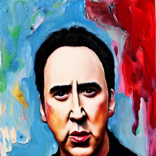 Image similar to Nick Cage crying tears along his face, highly detailed painting