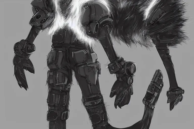 Image similar to a cyberpunk anthropomorphic wolf with a fluffy tail, comic art, trending on furaffinity, cartoon, kawaii, backlighting, furry art!!!, black and white, concept art