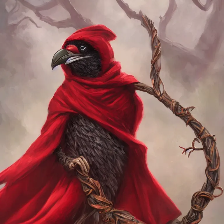 Prompt: a red Kenku druid in a cloak holding a vine whip, fantasy art, digital art, 4K,