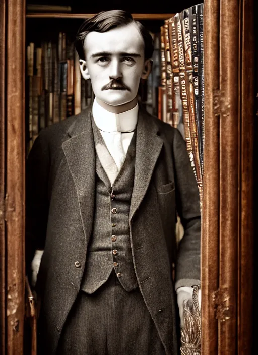 Image similar to close up portrait of a young edwardian politician standing by a bookcase, male, edwardian, formal, detailed face, deep focus, movie still, dramatic lighting, ray tracing, by hendrik kerstens and paolo roversi