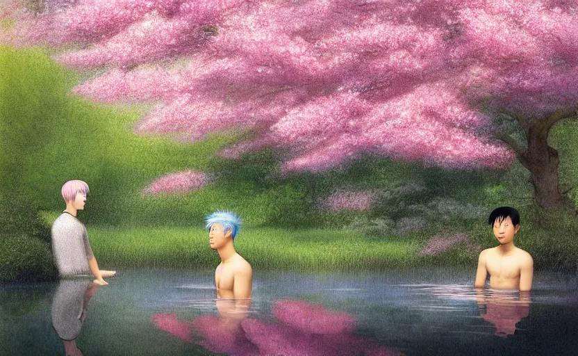 Image similar to harmony of pink haired young asian man backlit staring at black haired young asian man from across a pond, love at first sight, by alan lee, muted colors, springtime, colorful flowers & foliage in full bloom, sunlight filtering through trees & skin, digital art, art station cfg _ scale 9