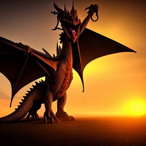 Prompt: you won't believe it, i just saw a huge dragon, it's very huge, sunset behind, it is very huge, modernism, trending on artstation, octane render, 3 d, volumetric lightening, lossless quality