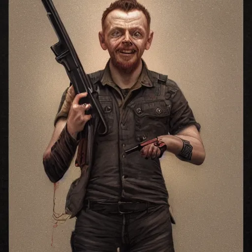 Image similar to portrait painting of simon pegg smiling like a winner with a winchester, ultra realistic, concept art, intricate details, eerie, highly detailed, photorealistic, octane render, 8 k, unreal engine. art by artgerm and greg rutkowski and alphonse mucha