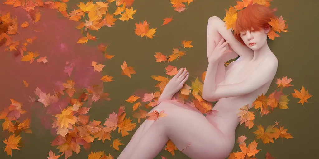 Image similar to highly detailed pastel colors of an ethereal ginger beauty morphing gradually into autumn leaves, by hsiao - ron cheng, smooth composition, fine detail