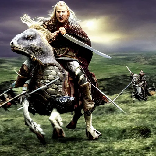 Prompt: the rohirrim riding into battle on giant turtles at minas tirith