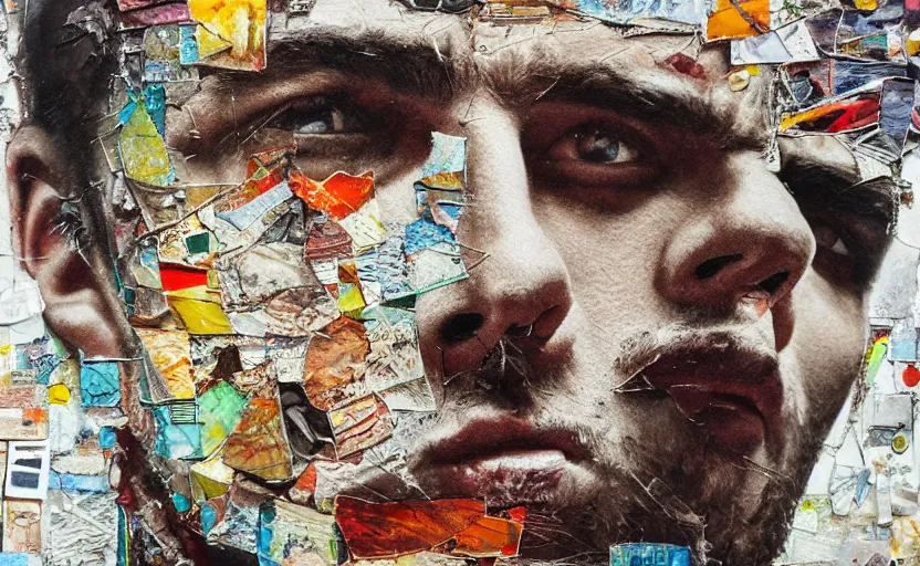 Prompt: gigachad face, detailed analogue mixed media collage with canvas texture in style of contemporary art, punk art, hyperrealistic, photorealistic, expressionism, masterpiece, perfect composition, spectacular quality, intricate oil details, vivid broken glass, torn paper, magazine pages