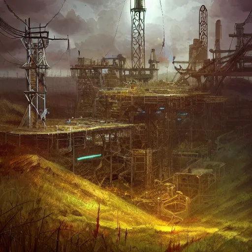 Image similar to post apocalyptic overgrown oil rig by marc simonetti, trending on artstation, digital artwork, highly detailed, contest winner, environmental artwork, concept art