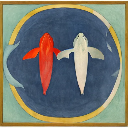 Image similar to two cods talking to eachother in deep sea, art by hilma af klint