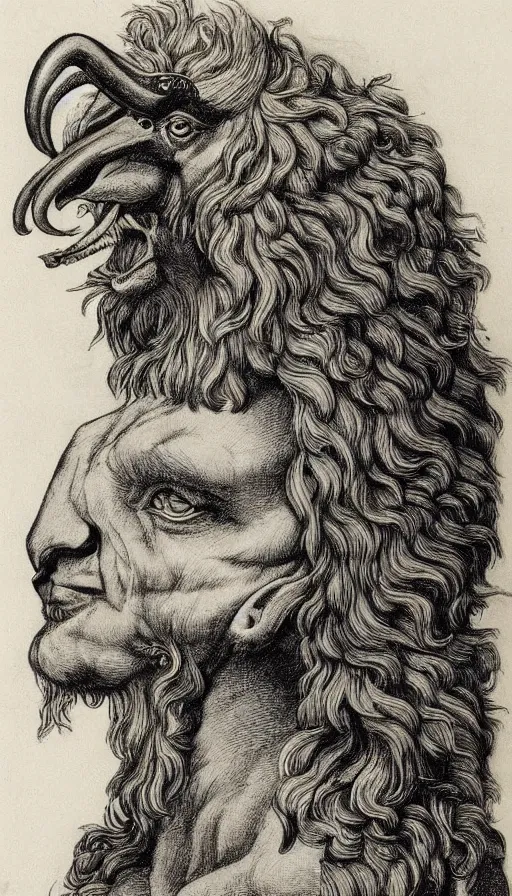 Image similar to human / eagle / lion / ox hybrid. horns, beak, mane, human body. drawn by da vinci