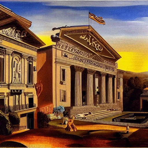 Prompt: solarpunk dreaming new York stock exchange in a toscana landscape with modern houses, painted by Salvador Dali, highly detailed