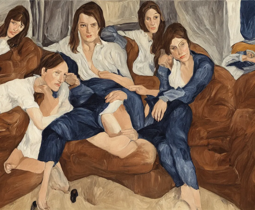 Image similar to two women, in an old english apartment on a brown leather sofa. one is wearing a dark blue sweather, the other a white shirt. brown hair, they are looking into the camera. wide shot. in the style of lucien freud. oil painting.