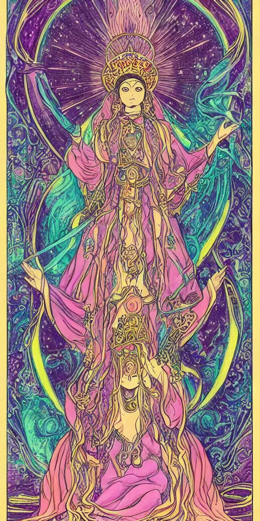 Image similar to a mystical woman priestess sitting on a throne, the divine feminine, drawn by studio UFOTABLE, psychedelic, fine line work, pastel colors, Tarot cards. The empress tarot card