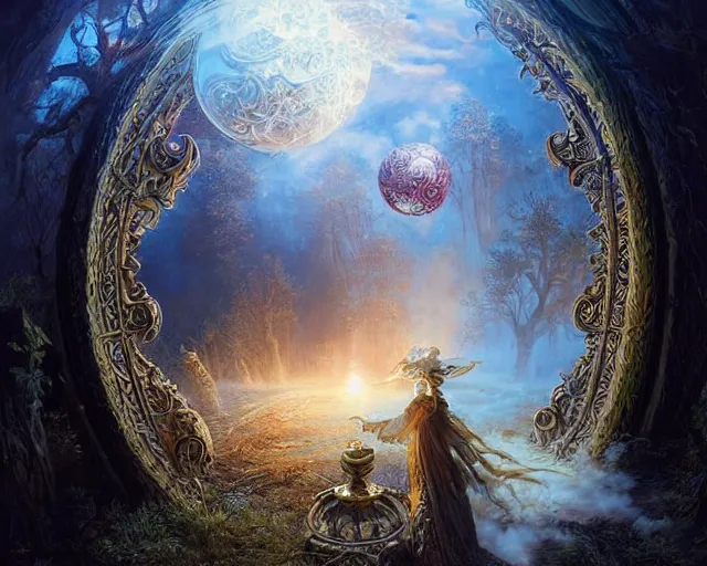 Prompt: large rustic intricately decorated wood gate, a view to an eerie fantasy world, glowing sphere, ethereal back light, mist, coherent composition, detailed fantasy painting by artgerm, noriyoshi ohrai, yuumei