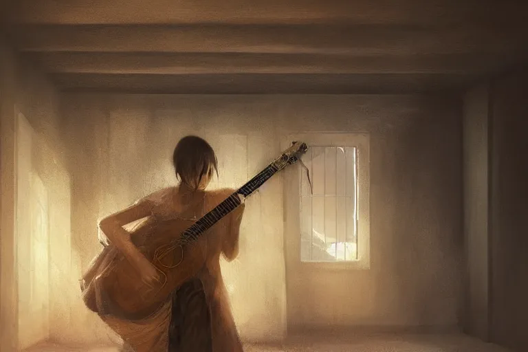 Image similar to an empty brutalist chamber, lonely, somber, a cursed lute, oud, guitar designed by brian froud leans against the wall alone, abandoned. a thin wisp of smoke rises from the lute. late afternoon lighting cinematic fantasy painting by jessica rossier