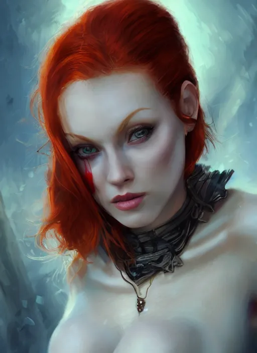 Prompt: Beautiful redhead girl which chest wrapped in bandages, portrait, fantasy, medieval, vivid colors, fantasy, elegant, concept art, sharp focus, beautiful face, digital art, Hyper-realistic, 4K, Unreal Engine, Highly Detailed, HD, Dramatic Lighting by Brom, trending on Artstation