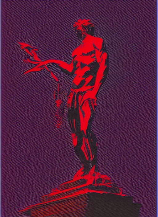 Image similar to dark design poster showing a statue of poseidon, black background with very subtle red and purple design elements, powerful, nekro, vito acconci, thin straight lines, dark, glitch art, neo vaporwave, gritty, layout frame, square, trending on artstation