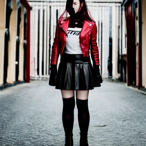 Prompt: A girl in a leather jacket and a red skirt posing for the camera, Instagram photo, are bure boke, aesthetic