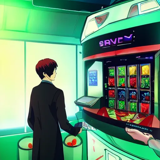 Image similar to “Shinji from Eva buying berries from a berry vending machine on a futuristic space ship, anime, artstation”