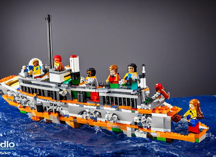 Prompt: product photo still of titanic sinking lego playset, 8 k, 1 2 0 mm macro, f 1. 8, studio lighting, key light