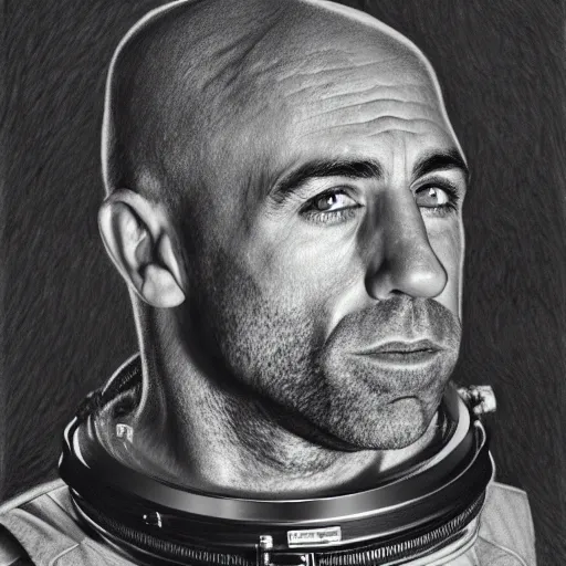 Prompt: a very detailed pencil drawing of joe rogan in an astronaut suit in space 4 k, high resolution, still, landscape, hd, dslr, hyper realistic, sketch