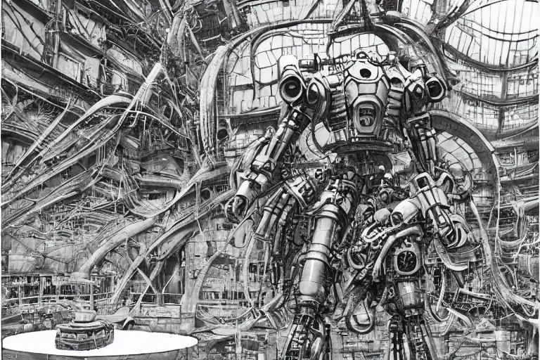 Image similar to dieselpunk mechs in shape of dragonfly that look like Dragonfly, inside an gigantic underground concrete doom hangar, interior structure, drains, storm drains, jungle, vines, algea, cables, panels, walls, ceiling, floor, doors, brutalist architecture, intricate ink drawing, highly detailed in the style of Ashley Wood, moebius and Tsutomu Nihei, photorealistic, cinematic, intricate detail, well lit,