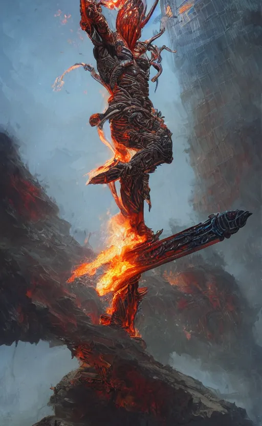 Image similar to close view of flaming sword on table, front game card, drark, marvel comics, dark, intricate, highly detailed, smooth, artstation, digital illustration by ruan jia and mandy jurgens and artgerm and wayne barlowe and greg rutkowski and zdislav beksinski