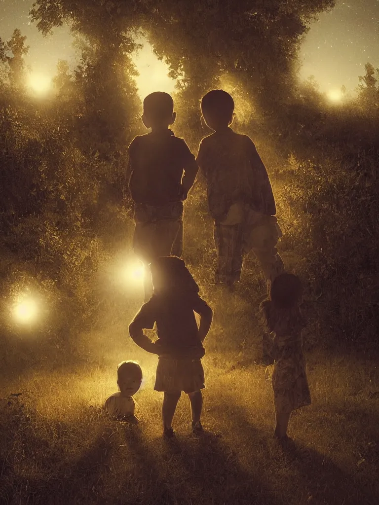 Image similar to backlit portrait of 2 kids at night, by cristobal toral, manuel lopez villasenor, high definition, intricate details, atmospheric, vegetation, small town