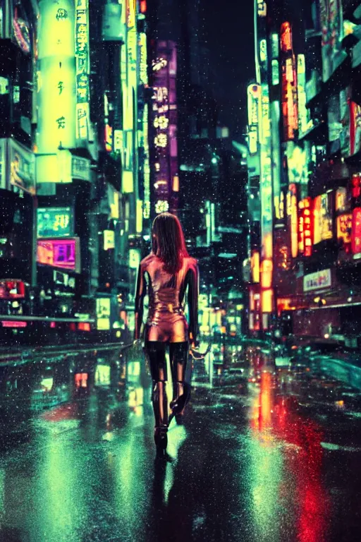 Image similar to sleek metallic female cyborg, walking a german shepard, futuristic tokyo cityscape, rain, neon signs, nighttime, no blur, high detail, cinematic,