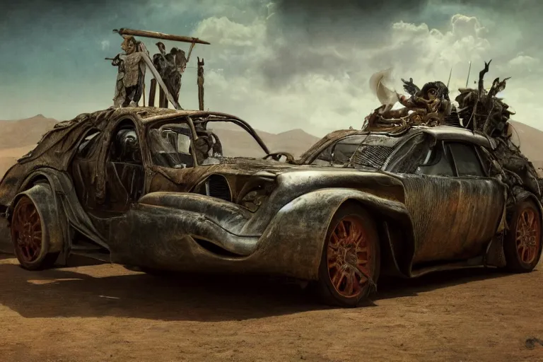 Prompt: full color hd photo of a mad max vehicle, octane render 4 k, by hieronymus bosch, joel peter witkin, annie liebovitz. gustave dore, hr giger, zdzisław beksinski, epic, artstation, cgisociety, weta, disney