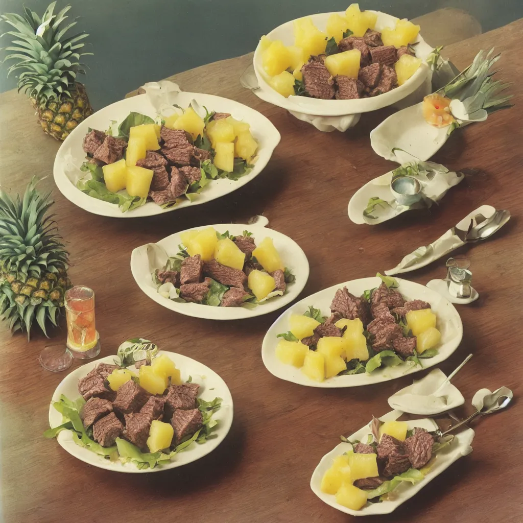 Prompt: a dreamy photo of beef salad and pineapple jelly, 1983