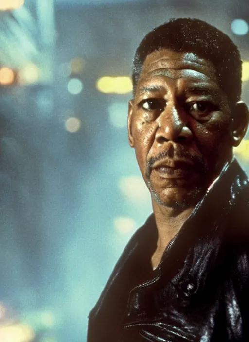 Image similar to a movie still of morgan freeman as rick deckard in blade runner