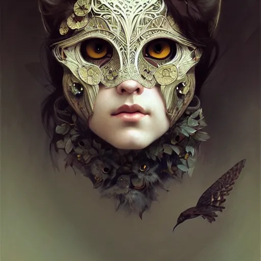 Image similar to A girl wearing an owl mask, face, detailed, intricate, elegant, highly detailed, digital painting, artstation, concept art, smooth, sharp focus, illustration, art by Krenz Cushart and Artem Demura and alphonse mucha