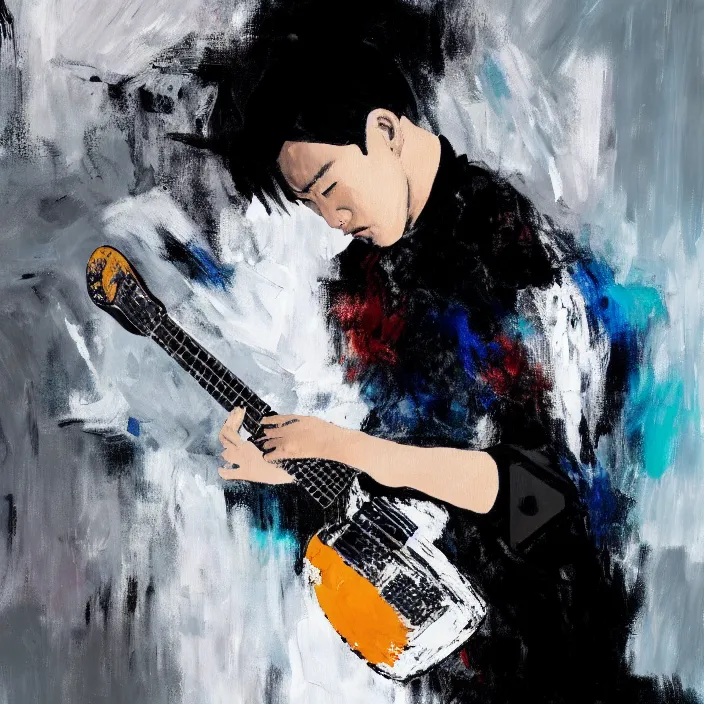 Image similar to large diagonal brush strokes, abstract dark painting of a young korean male musician wearing black tank top holding a telecaster!!! electric guitar!! in a dark room, white background, thick flowing dramatic brush strokes, matte colors, abstract, impressionist, motion, trending on artstation