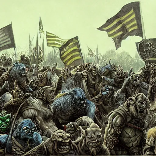 Image similar to orcs standing outside of a Walmart, protesting the working conditions, High detail, 2005