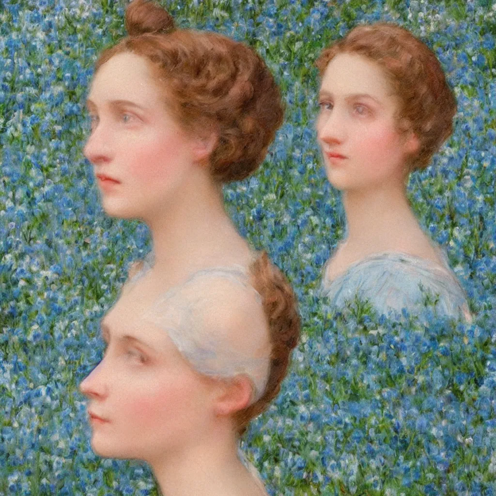 Image similar to portrait of a young lady in a light blue dress 1 9 0 0 s one entire head shown in great detail, she doesn't have a face, in a beautiful garden, looking at the camera, full body in camera, blonde hair, garden, photorealistic, extreme detail, sharp focus, 8 k, intricate, hyper detailed, realistic, cinematic lighting