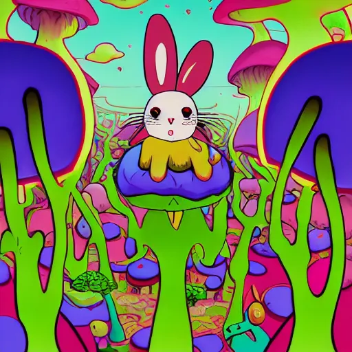 Image similar to 4 k headshot portrait of a psychedelic demonic anthropomorphic bunny rabbit with mushroom themed clothes, magic mushroom village in background. award winning, stylized neon, post - processing, masterpiece, superb resolution. in the art style of junji ito and greg rutkowski. detailed mushroom city in background. hyper realistic anime. perfect art. dalle 2