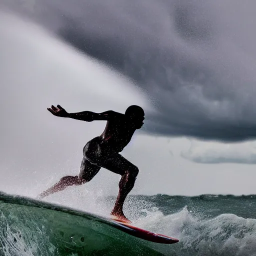 Prompt: a wide angle dynamic action photo of a black man with dreadlocks surfing in a thunderstorm, large violent waves, by clark little, radiant light