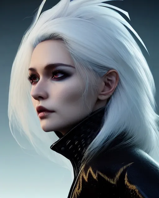 Image similar to dragon hunter wearing a fur - lined dragonhide jacket!!! beautiful and gorgeous elegant white haired female!! symmetry, character concept art, sharp focus, illustration, art by artgerm!! greg rutkowski magali villeneuve wlop!! ilya kuvshinov!! charlie bowater! octane render, unreal engine 5! highly rendered!!