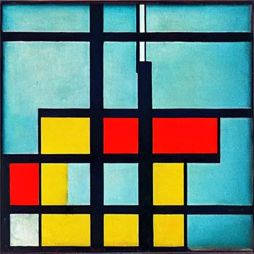 Image similar to “art deco ‘soma’, ‘caves of steel’, piet mondrian, teal palette, 1950’s”